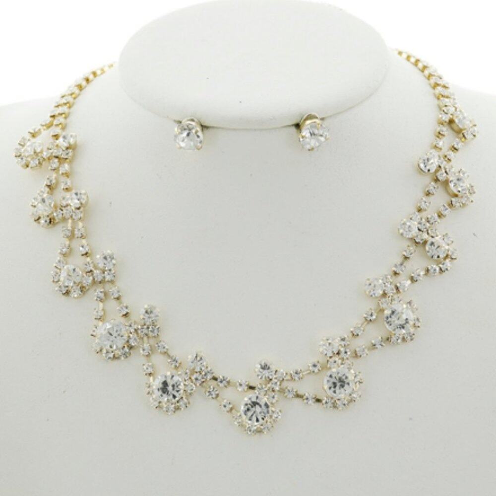 Gold Tone Clear Rhinestone Necklace & Earring Set